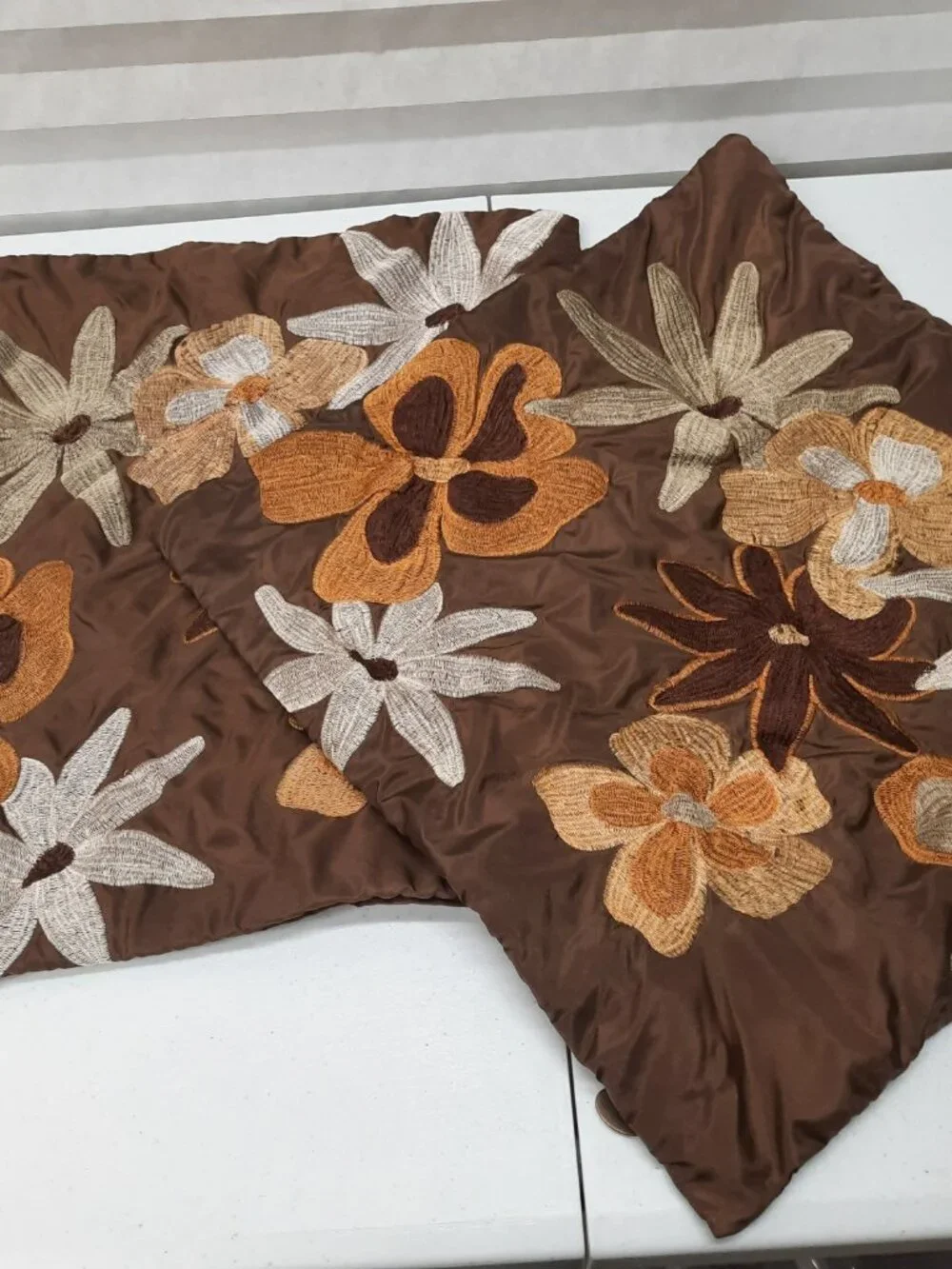 Pier 1 Imports Vintage Embroidered Floral Throw Pillow Cover Set 2 Brown Satin